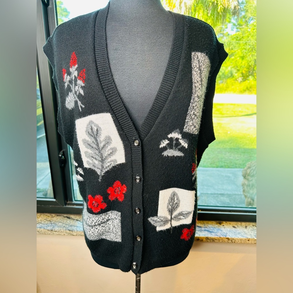 Southern Lady Vintage Black Floral Patchwork Button Down Sweater Vest Size XL